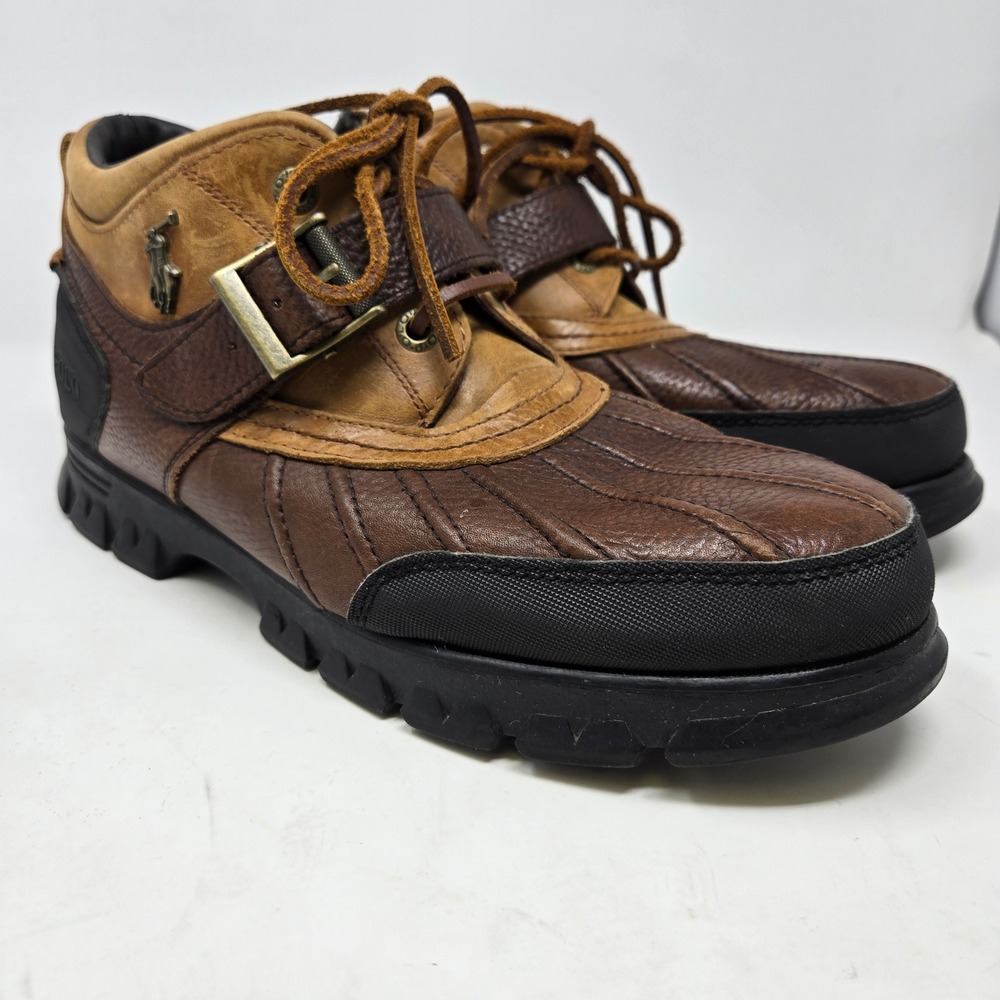 Polo Ralph Lauren Duck Boots Leather Buckle Strap 12D Brown Tan Rugged Mens